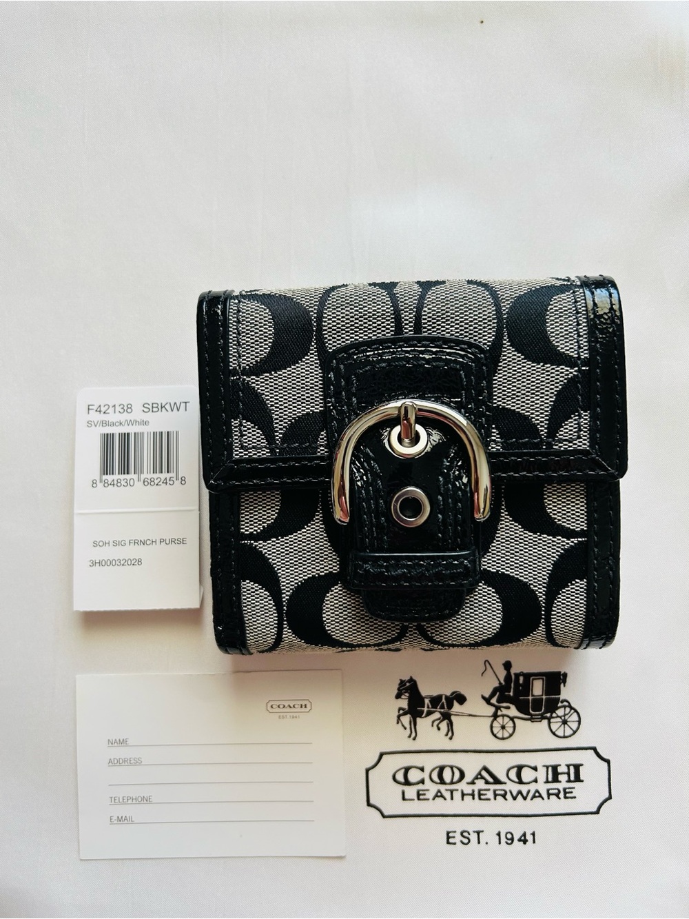 🖤Coach🖤Black & Gray🩶Signature Logo w/Silver Buckle Compact Wallet
